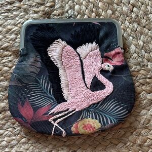 Embroidered Flamingo Clasp Purse - Pink and Black
